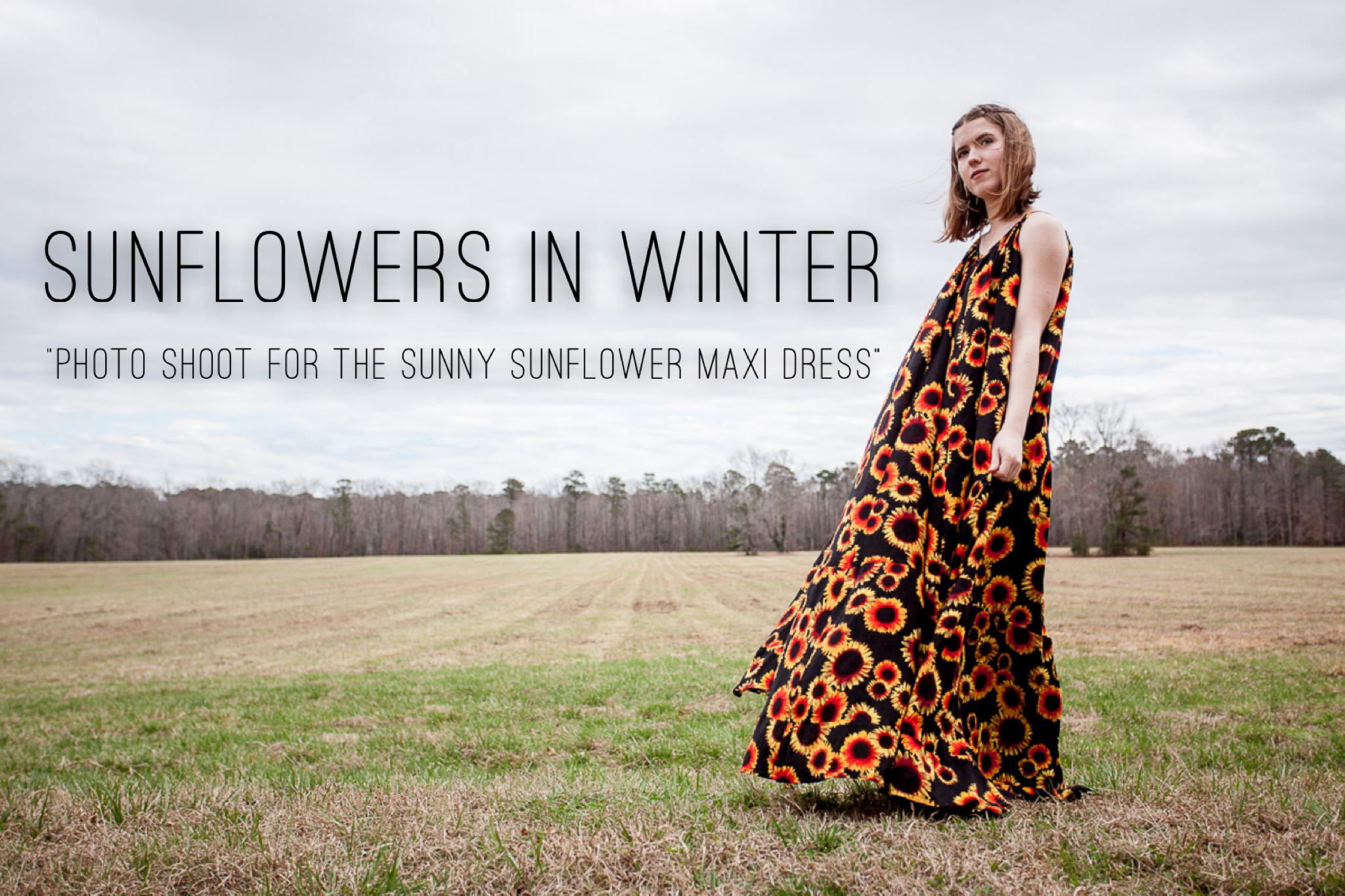 SUNFLOWERS IN WINTER-the photoshoot for the Sunny Sunflowers Maxi Dress @gossamerydreams.com